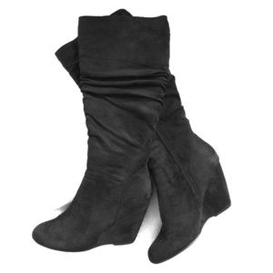 Knee Thigh High Suede Zip Up Heeled Boots
